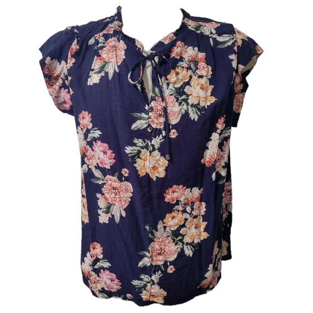 Buffalo David Bitton Top Women's Size XL Short Sleeve Blue Floral V-Neck  Blouse